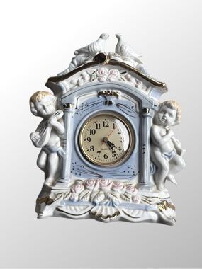 Porcelain Cherub Mantel Clock Wall Decor in White and Gold